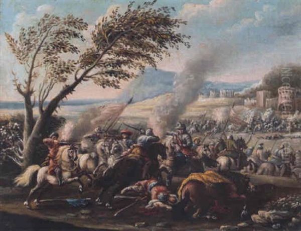 A Cavalry Battle Between Turks And Christians Before A Fortified Town Oil Painting by Carlo Eismann-Brisighella