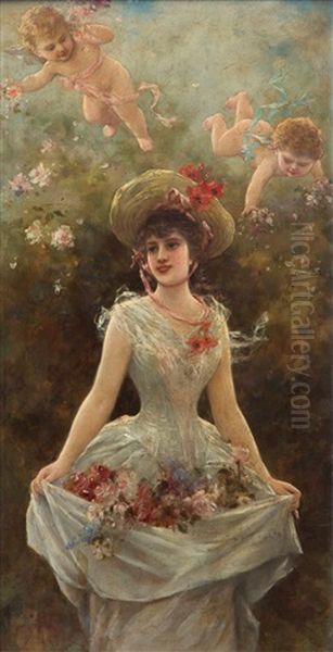 A Charming Flower Girl Oil Painting by Emile Eisman-Semenowsky