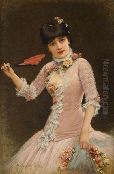 A Portrait Of A Young Lady In Pink Dress Oil Painting by Emile Eisman-Semenowsky