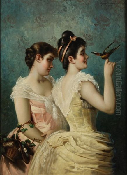 Two Young Women With A Bird by Emile Eisman-Semenowsky