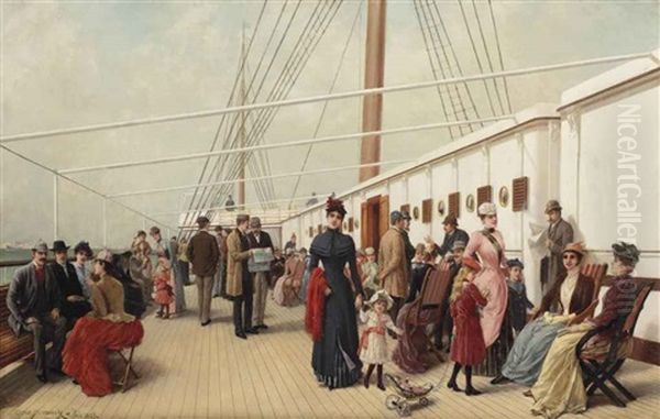 Elegant Figures Strolling On The Upper Deck Of An Ocean Steamer Oil Painting by Emile Eisman-Semenowsky