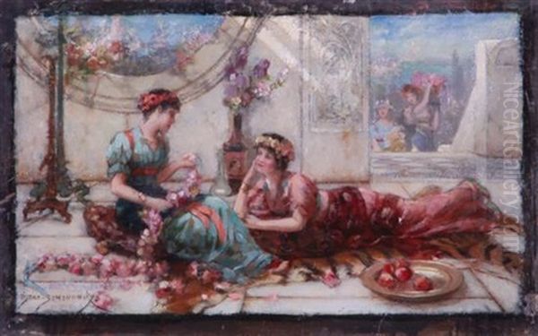 Classical Scenes: Take Heed Lest Thou Owe A Laughing Stock To The Winds & Maidens Stringing Roses (pair) by Emile Eisman-Semenowsky