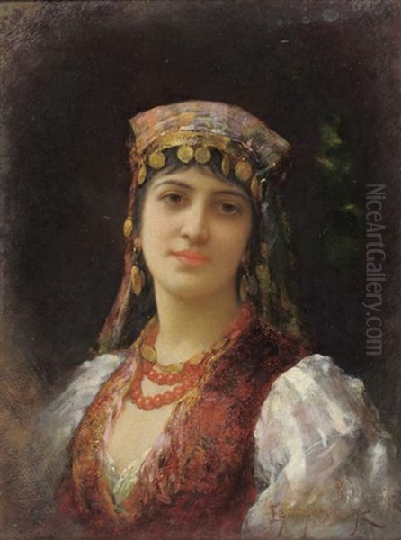 Portrait Of An Oriental Girl, Head And Shoulders, Wearing A Cream Dress And Waistcoat Oil Painting by Emile Eisman-Semenowsky