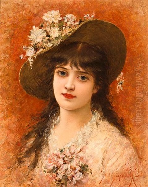 A Portrait Of A Girl With Hat Oil Painting by Emile Eisman-Semenowsky