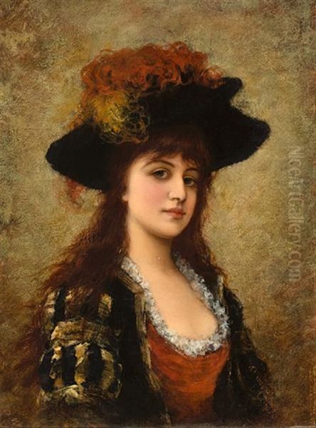 A Young Beauty With A Feathered Hat Oil Painting by Emile Eisman-Semenowsky