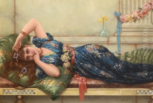 Odalisque A La Robe Bleue Oil Painting by Emile Eisman-Semenowsky