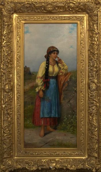 Gypsy Girl Holding Flowers Oil Painting by Emile Eisman-Semenowsky