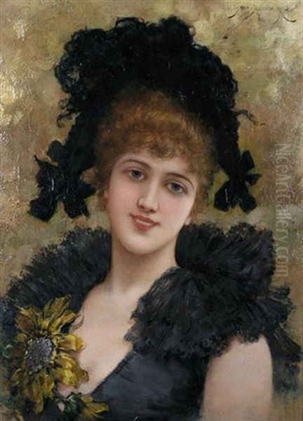 Portrait Of A Young Lady In A Black Dress With A Sunflower Oil Painting by Emile Eisman-Semenowsky