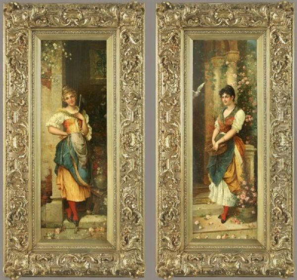 Young French Women Standing On The Stoop (dyptich) Oil Painting by Emile Eisman-Semenowsky