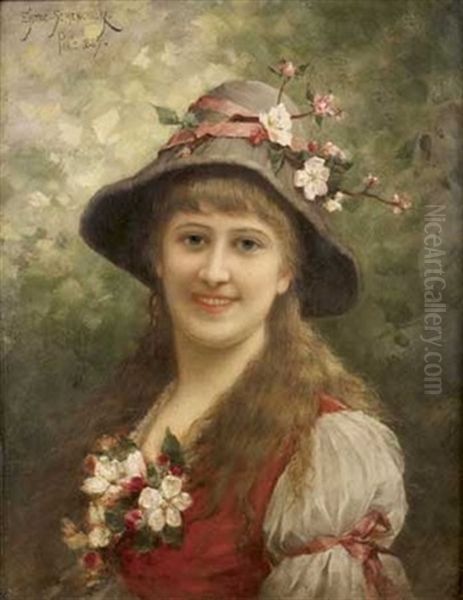 Portrait De Jeune Fille Au Chapeau Fleuri Oil Painting by Emile Eisman-Semenowsky