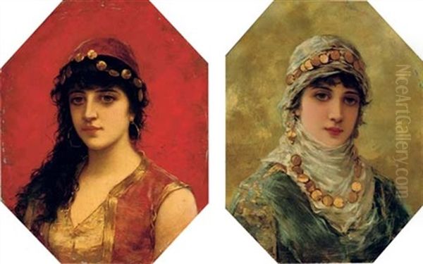 Portrait Of A Woman In A White Head Scarf (+ Portrait Of A Woman In A Red Tunic With Gold Trim; 2 Works) Oil Painting by Emile Eisman-Semenowsky