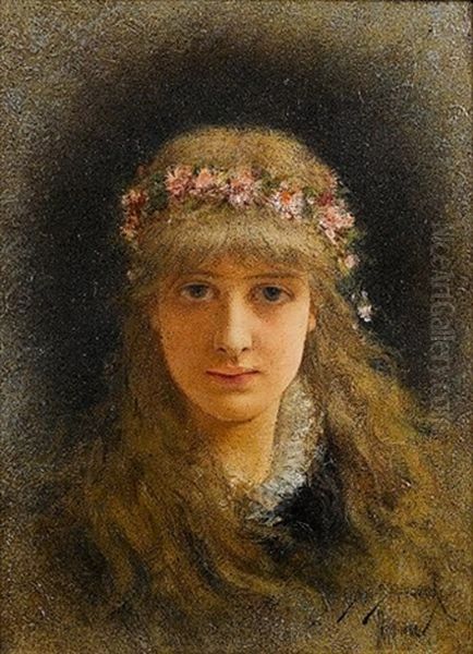 A Wreathed Beauty Oil Painting by Emile Eisman-Semenowsky