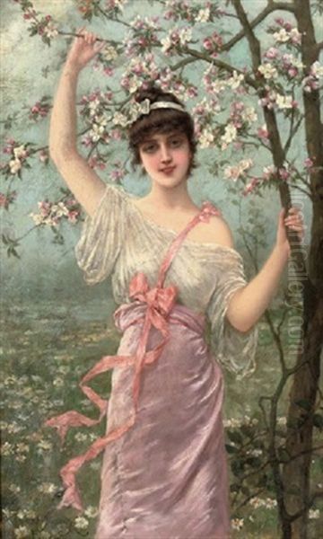 Fruhling - Under A Cherry Blossom Tree Oil Painting by Emile Eisman-Semenowsky