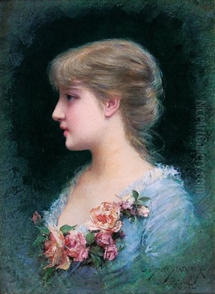 Portrait De Jeune Fille Aux Roses Oil Painting by Emile Eisman-Semenowsky