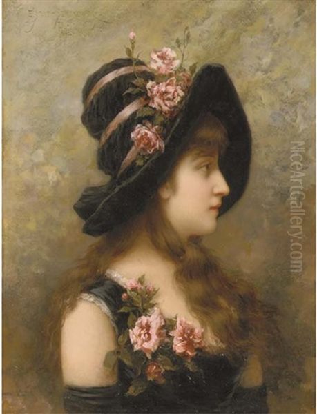 Une Elegante: A Girl With Pink Roses by Emile Eisman-Semenowsky