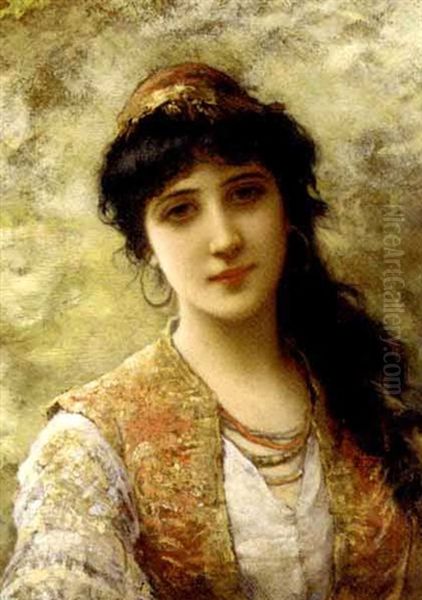 A Young Beauty In An Embroidered Vest Oil Painting by Emile Eisman-Semenowsky