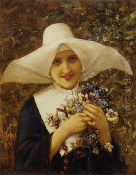 A Young Novice With Spring Flowers Oil Painting by Emile Eisman-Semenowsky