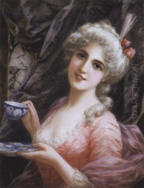 Jeune Femme En Costume Xviiieme Tenant Une Tasse A The Oil Painting by Emile Eisman-Semenowsky