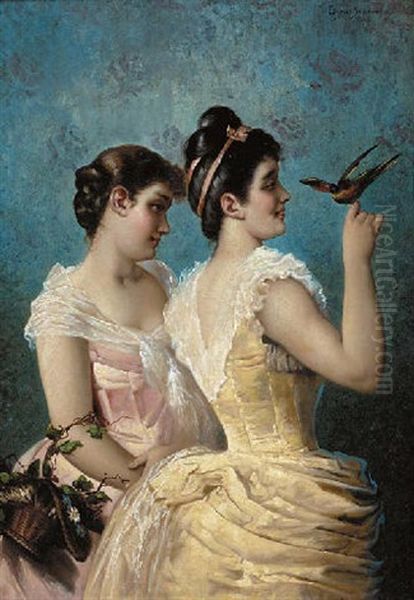 Two Young Girls With A Goldfinch Oil Painting by Emile Eisman-Semenowsky