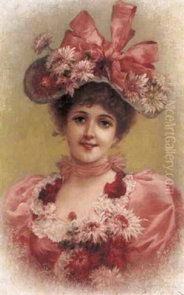 Elegant Lady With Pink Ribbons Oil Painting by Emile Eisman-Semenowsky