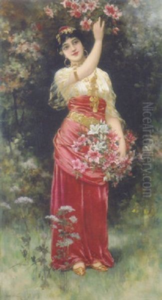 An Oriental Flower Girl Oil Painting by Emile Eisman-Semenowsky