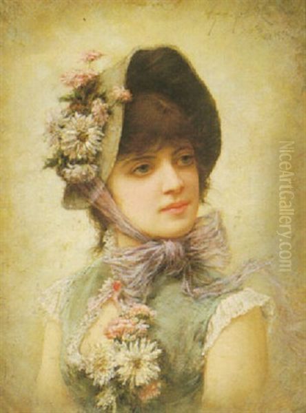 Beauty With A Flowery Hat Oil Painting by Emile Eisman-Semenowsky