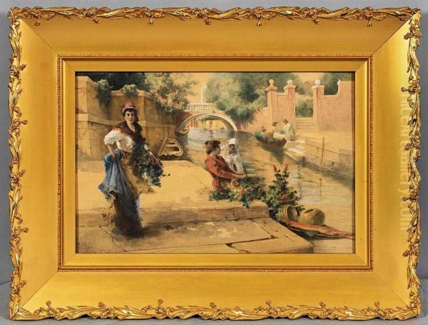 Venezianischesommerimpression Mit Madchen Am Kanal Oil Painting by John (Charles) Arter