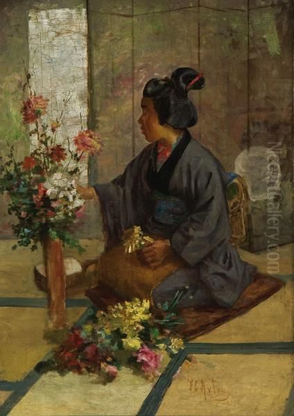 Arranging Flowers Oil Painting by John (Charles) Arter