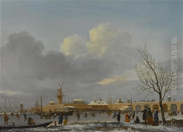 A Winter Landscape With Skaters On The Amstel Oil Painting by Jan Ekels the Elder