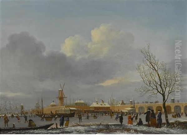 A Winter Landscape With Skaters On The Amstel Oil Painting by Jan Ekels the Elder