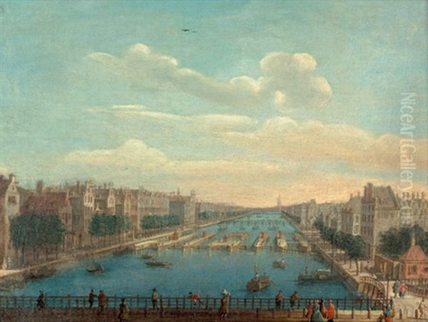 Ansicht Von Amsterdam: Blick Auf Eine Schleuse In Der Amstel, Mit Der Blauen Brucke Und Dem Waisenhaus Oil Painting by Jan Ekels the Elder