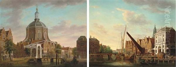 The Waag, Leiden (+ The Marekerk, Leiden, 1781, Sgd.; Pair) Oil Painting by Jan Ekels the Elder