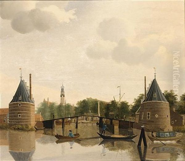 Haarlem: A View From The Noorder Buiten Spaarne, With The Catharijnebrug In The Foreground And The Church Of St. Bavo In The Middle Distance Oil Painting by Jan Ekels the Elder