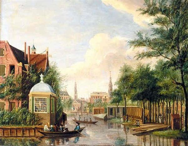 Amsterdam, A View On The Plantage Muidergracht, Seen From The Schans, With The Oudezijds Huiszittenhuis, Beyond The Westertoren, The Portugese Synagogue And The Tower Of The Zuiderkerk Oil Painting by Jan Ekels the Elder