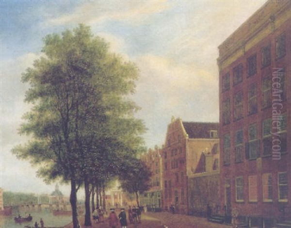 A View Of The Prins Hendrikkade, Amsterdam, With The Muiderpoort In The Distance Oil Painting by Jan Ekels the Elder