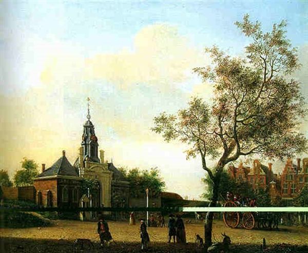 View Of Haarlmmerpoort From Haarlemmerplein, Amsterdam, With Townsfolk On A Horse Drawn Wagon Leaving For The City Centre, At Sunset Oil Painting by Jan Ekels the Elder