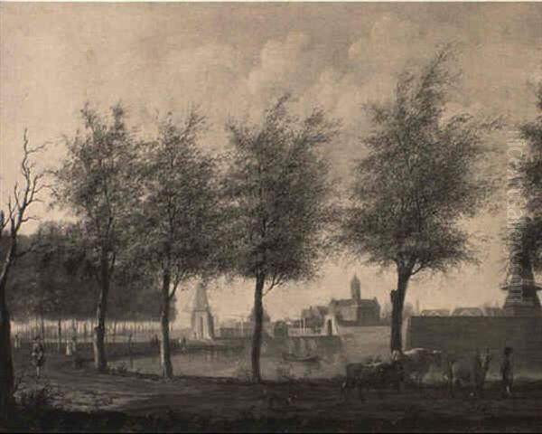 Figures Walking By The Singelgracht, With The Leidse Poort Oil Painting by Jan Ekels the Elder