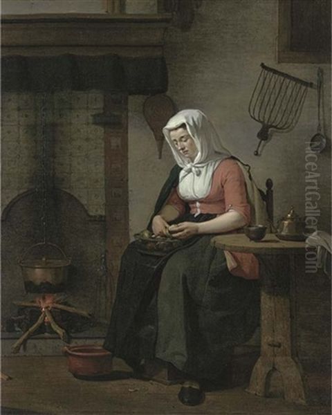 A Woman Seated In A Kitchen Peeling Apples Oil Painting by Jan Ekels the Younger