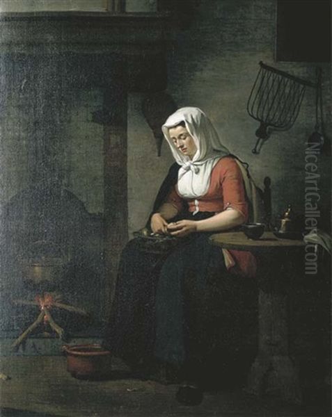 A Woman Seated In A Kitchen Pealing Apples Oil Painting by Jan Ekels the Younger