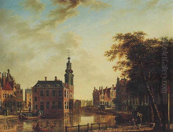 Amsterdam, A View Of The Munt Tower And The Doelenshuis On The Singel Oil Painting by Jan Ekels the Younger