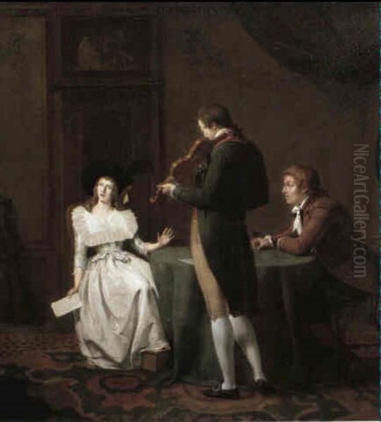 The Sense Of Hearing: An Interior With An Elegant Couple    Seated At A Table Serenaded By A Violinist Oil Painting by Jan Ekels the Younger