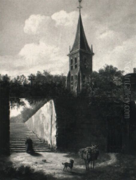 A Priest Kneeling In A Courtyard By A Church Oil Painting by Jan Ekels the Younger