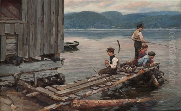 Pier With Fishing Boys Oil Painting by Jahn Ekenaes