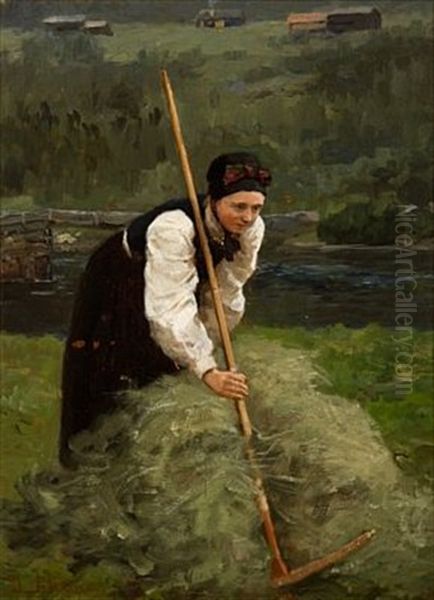 Kvinne Som Raker Hoy Oil Painting by Jahn Ekenaes