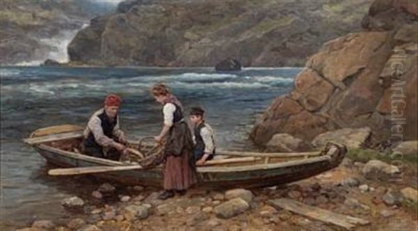 Fiskere Pa Stranden Oil Painting by Jahn Ekenaes