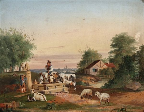 Evening Landscape With Animals At The Well Oil Painting by Vasili Yefimovich Ekgorst