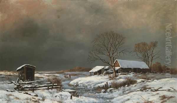 Winter Landscape With Cottages Oil Painting by Vasili Yefimovich Ekgorst