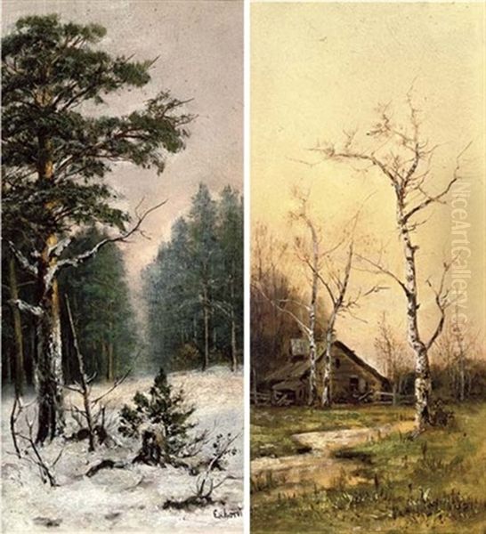 A Woodland Barn (+ Winter Woodland; Pair) Oil Painting by Vasili Yefimovich Ekgorst