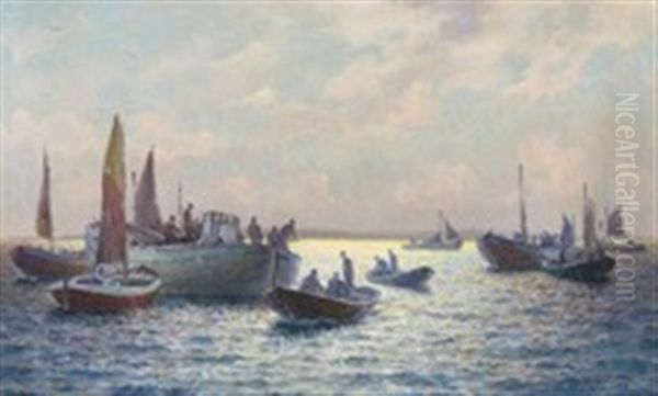 Seascape With Fishing Boats Near A Coast Oil Painting by Emil Gotthard Ekman