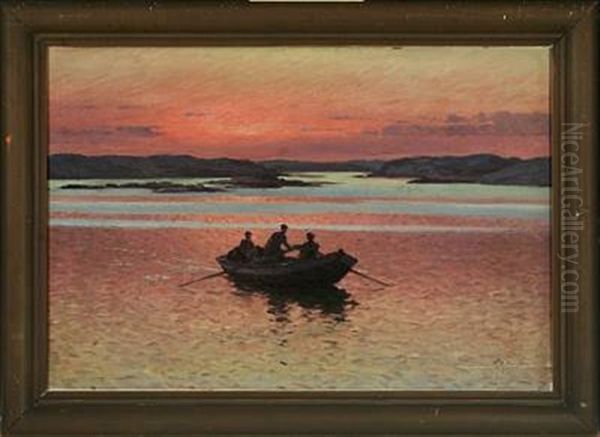 Sunset At The Sea With Rowing Boat Oil Painting by Emil Gotthard Ekman